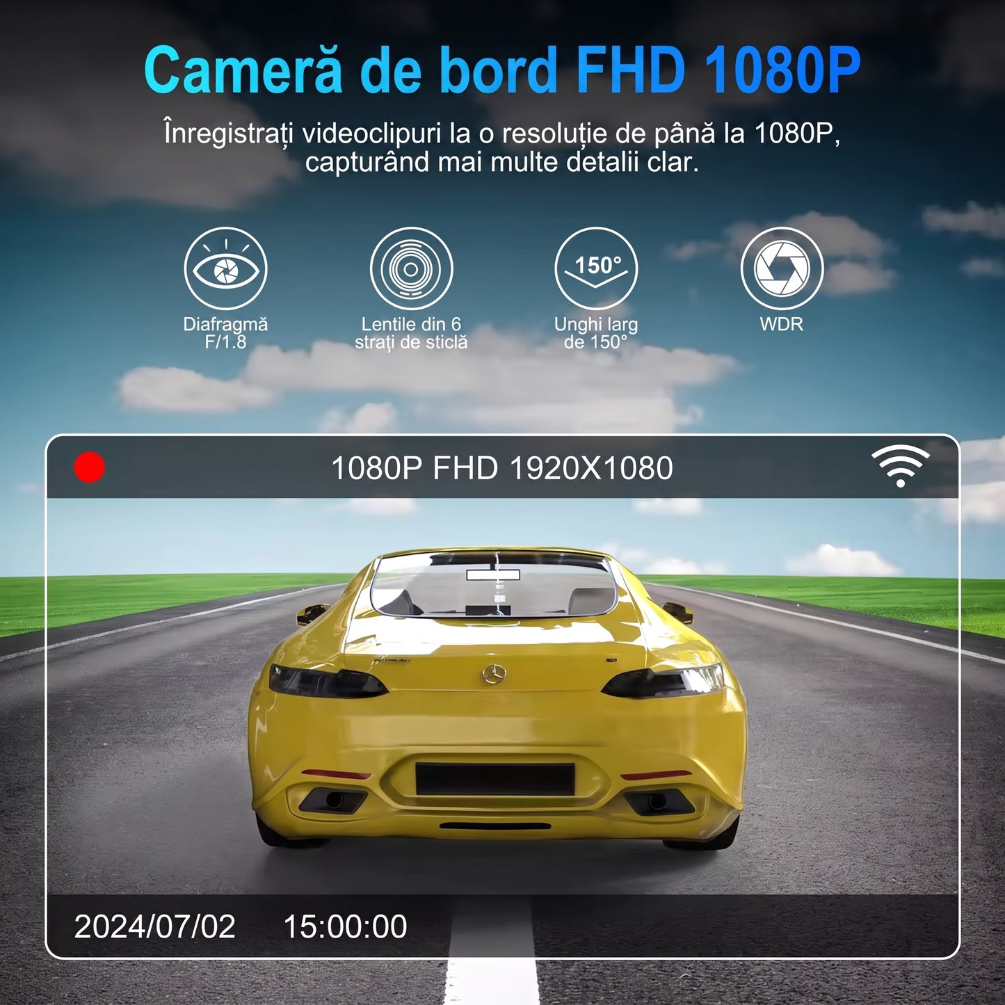 Camera Auto DVR FHD WiFi cu Night Vision, Unghi 150°, Monitorizare Parcare, Aplicație Mobilă